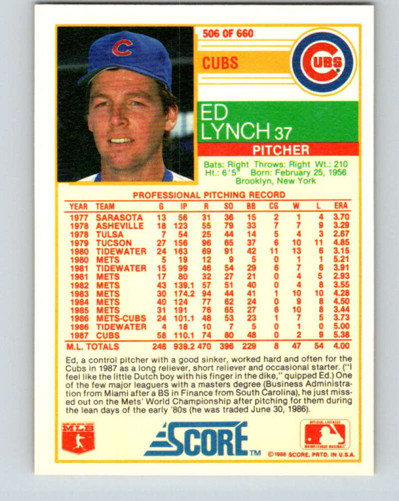 1988 Score #506 Ed Lynch Mint Chicago Cubs Image 2