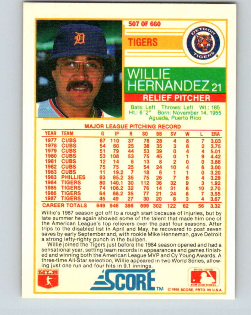 1988 Score #507 Willie Hernandez Mint Detroit Tigers Image 2