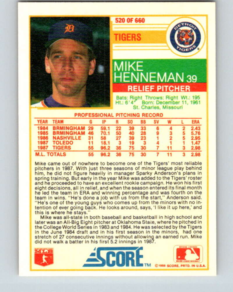 1988 Score #520 Mike Henneman Mint RC Rookie Detroit Tigers Image 2