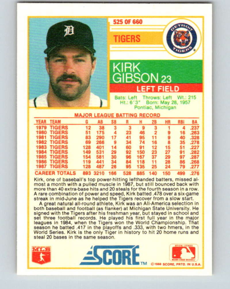 1988 Score #525 Kirk Gibson Mint Detroit Tigers Image 2