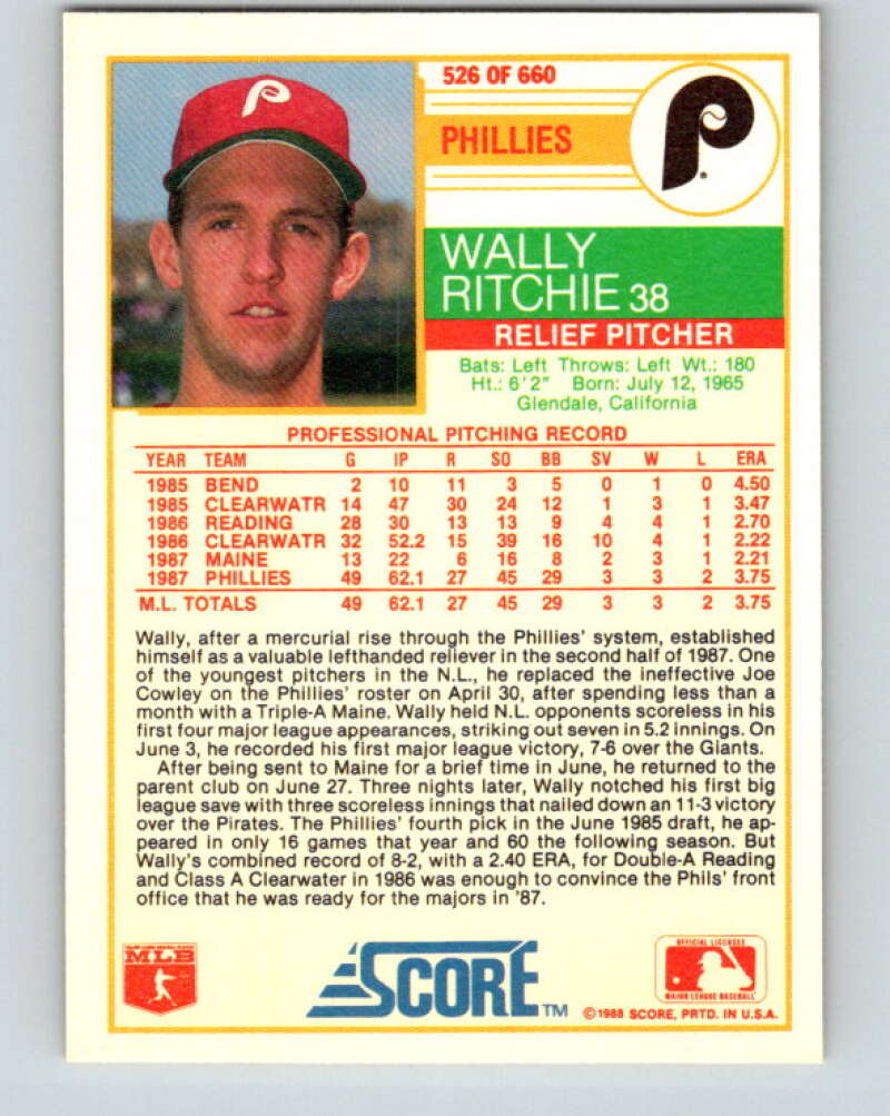 1988 Score #526 Wally Ritchie Mint Philadelphia Phillies Image 2