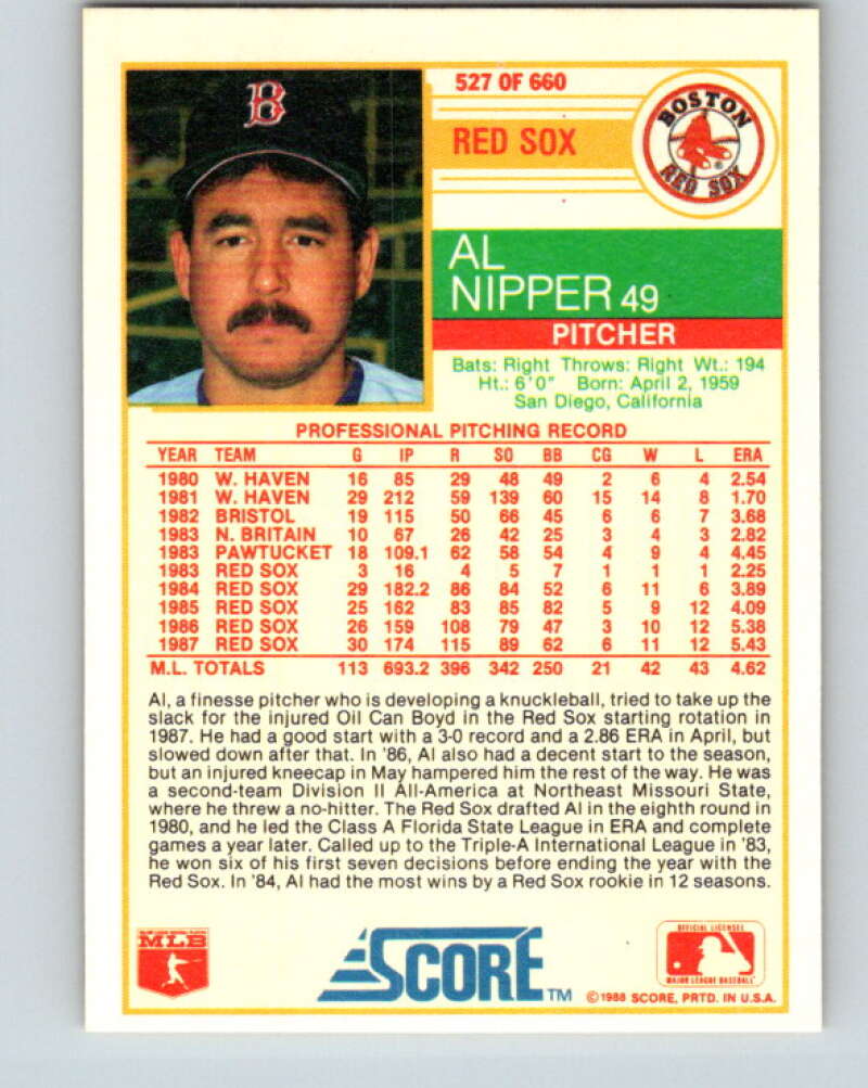 1988 Score #527 Al Nipper Mint Boston Red Sox Image 2
