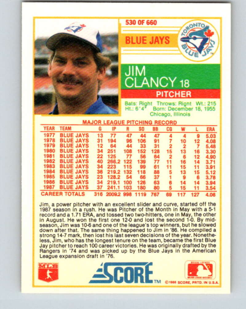 1988 Score #530 Jim Clancy Mint Toronto Blue Jays Image 2