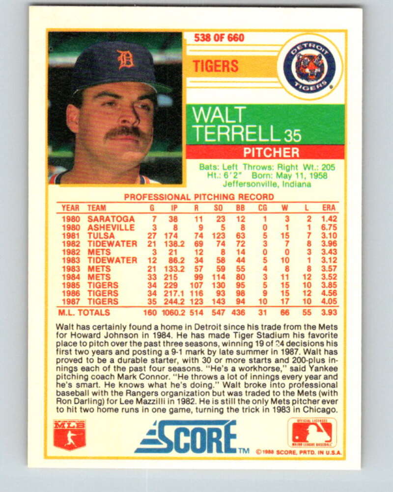 1988 Score #538 Walt Terrell Mint Detroit Tigers Image 2