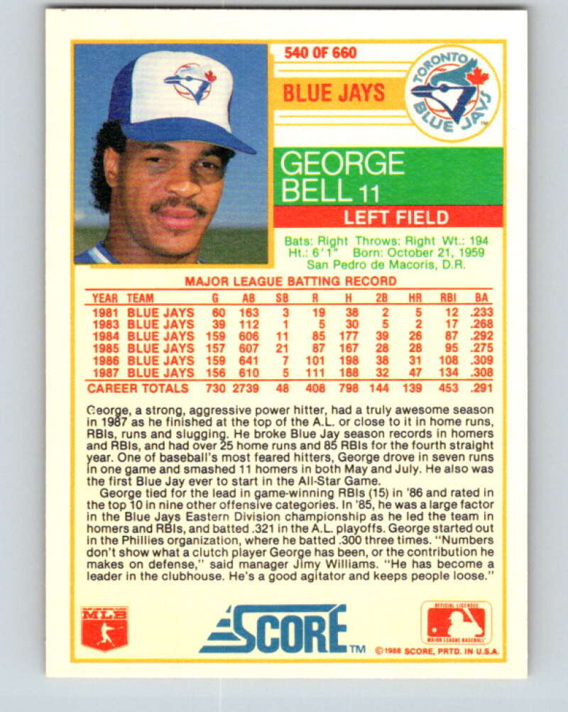 1988 Score #540 George Bell Mint Toronto Blue Jays Image 2