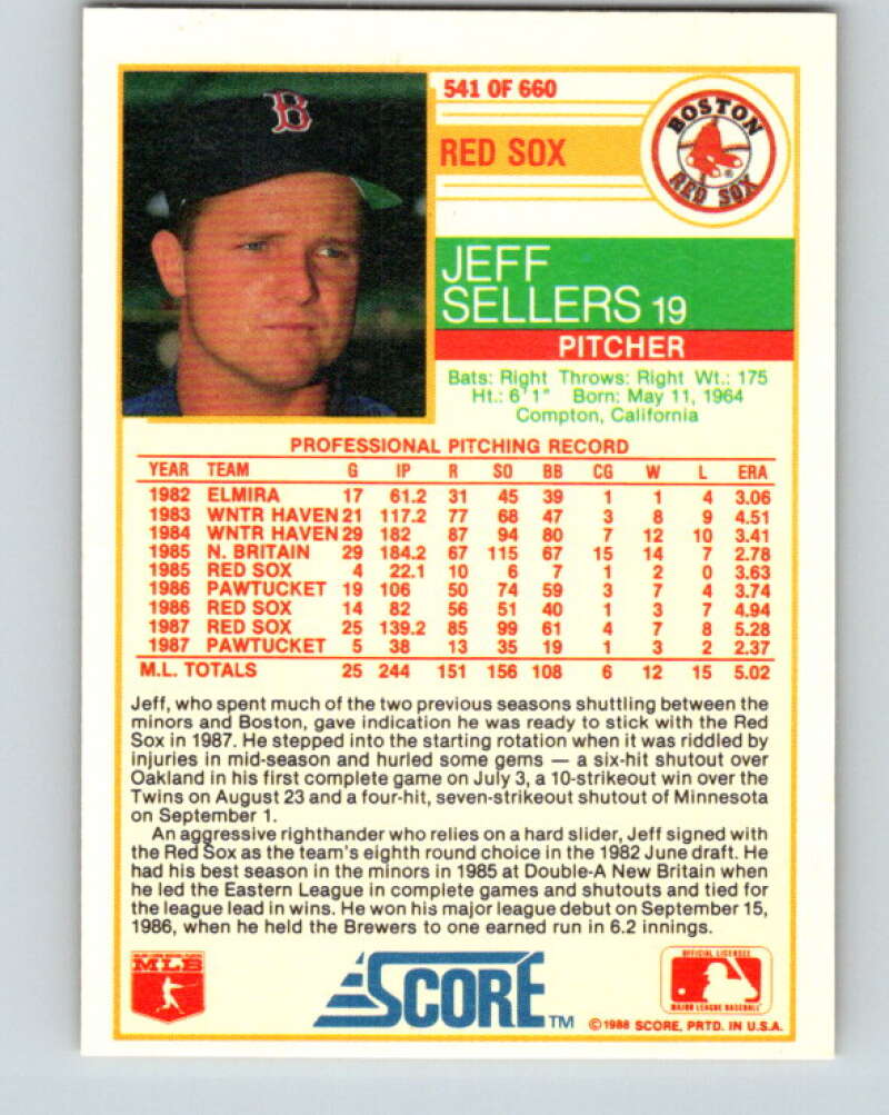 1988 Score #541 Jeff Sellers Mint Boston Red Sox Image 2