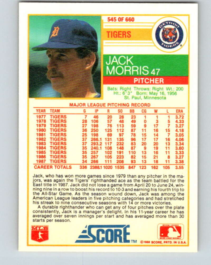 1988 Score #545 Jack Morris Mint Detroit Tigers Image 2