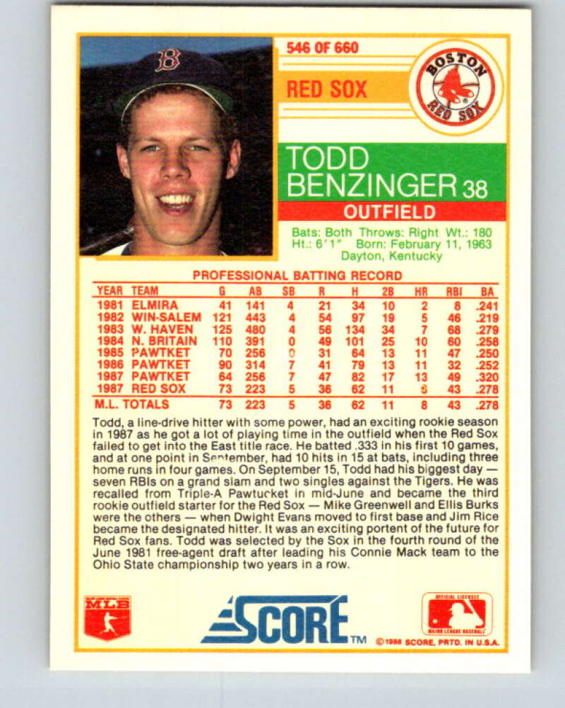 1988 Score #546 Todd Benzinger Mint RC Rookie Boston Red Sox Image 2