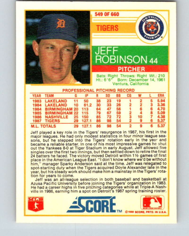 1988 Score #549 Jeff Robinson Mint Detroit Tigers Image 2