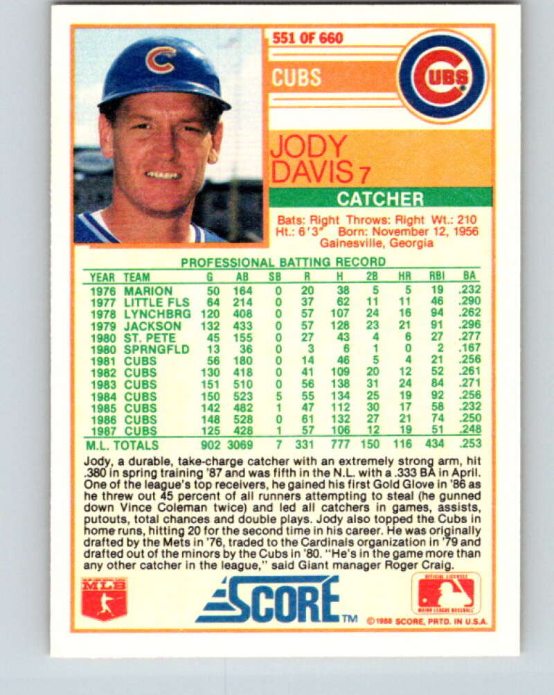 1988 Score #551 Jody Davis Mint Chicago Cubs Image 2