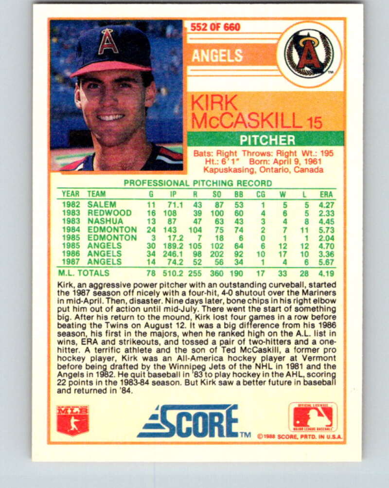 1988 Score #552 Kirk McCaskill Mint California Angels Image 2