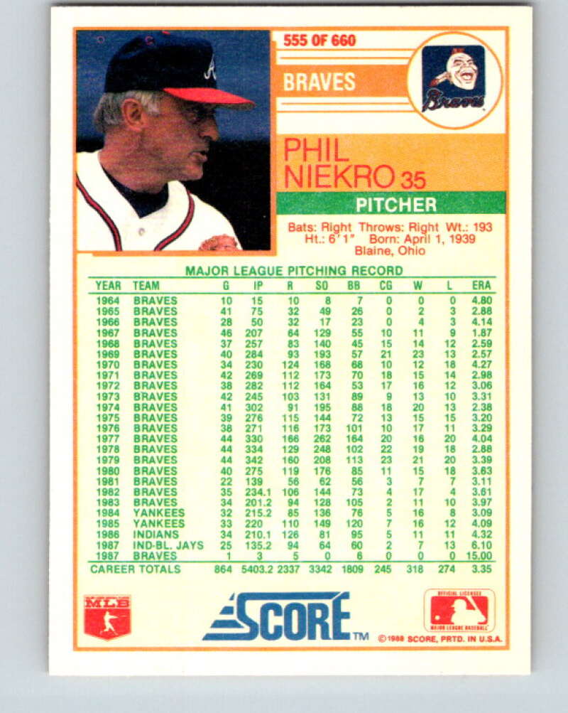 1988 Score #555 Phil Niekro Mint Atlanta Braves