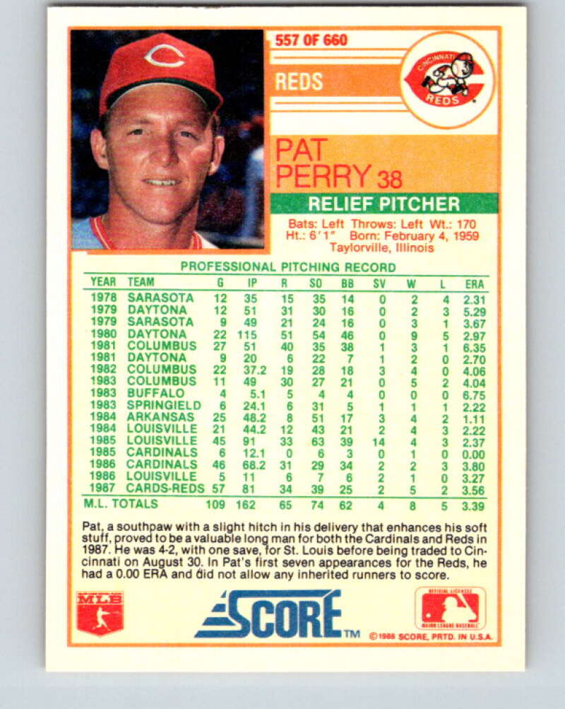 1988 Score #557 Pat Perry Mint Cincinnati Reds Image 2
