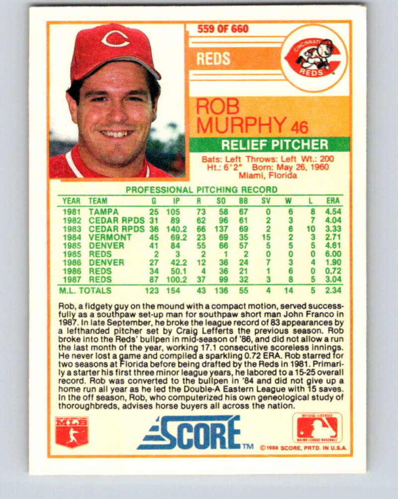 1988 Score #559 Rob Murphy Mint Cincinnati Reds Image 2