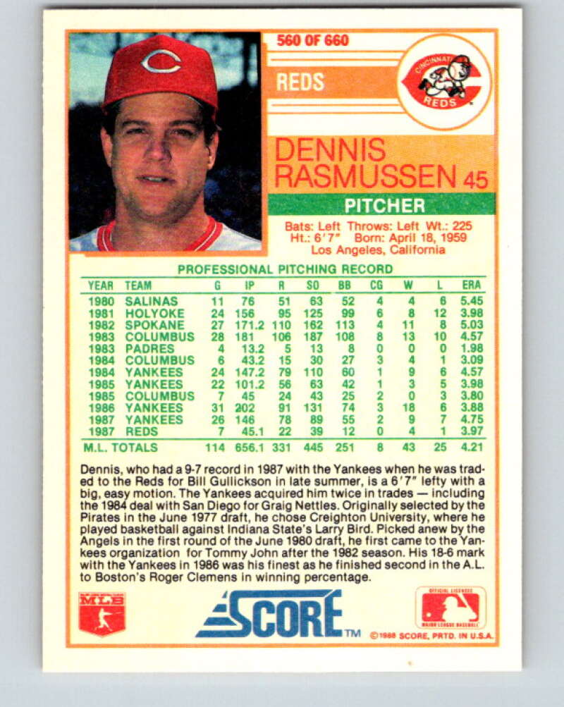 1988 Score #560 Dennis Rasmussen Mint Cincinnati Reds Image 2