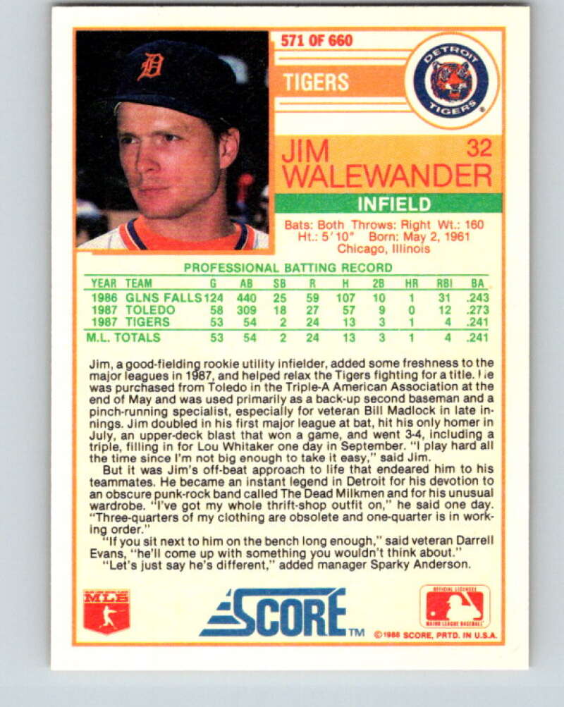 1988 Score #571 Jim Walewander Mint Detroit Tigers Image 2