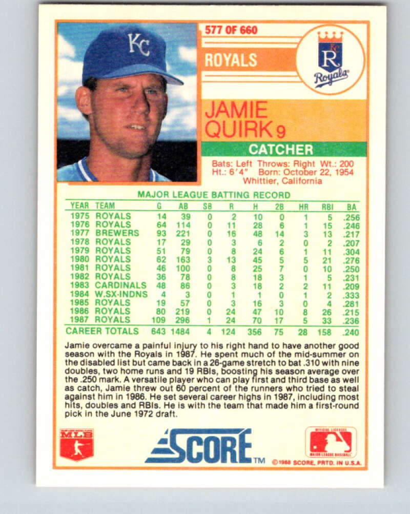 1988 Score #577 Jamie Quirk Mint Kansas City Royals Image 2