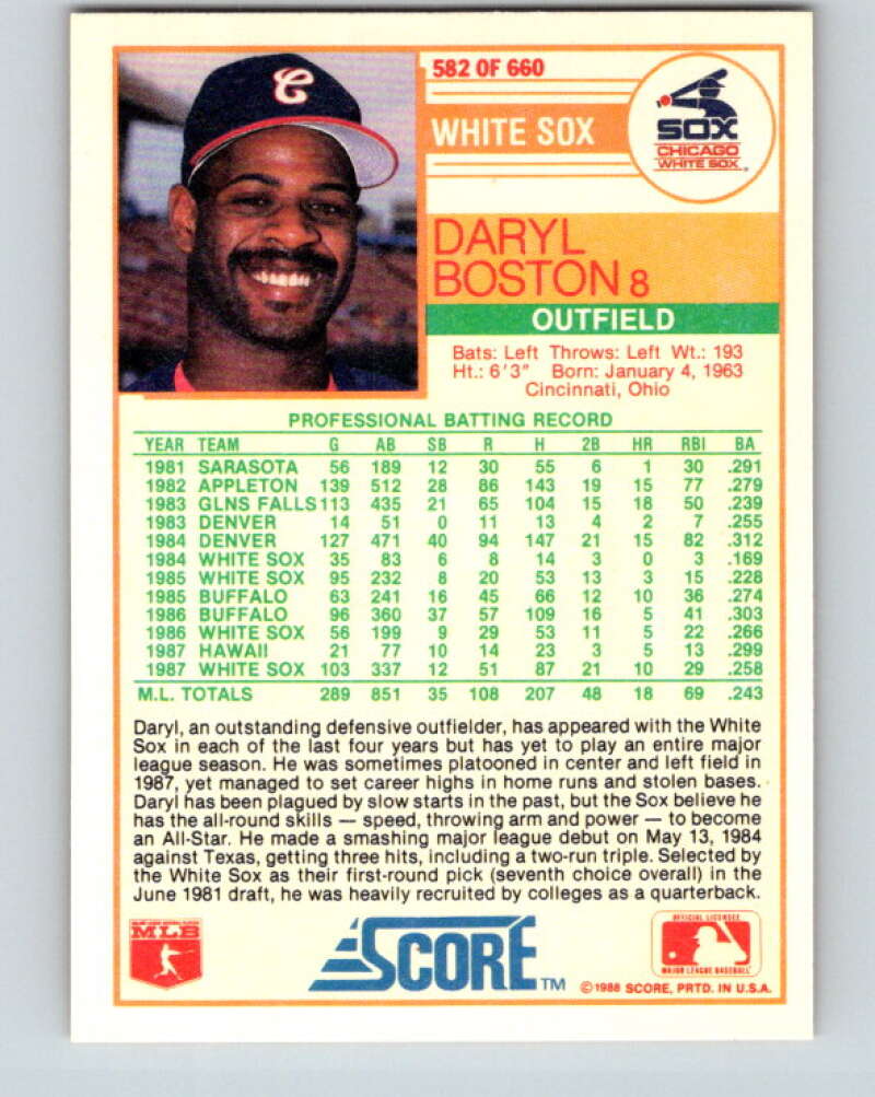 1988 Score #582 Daryl Boston Mint Chicago White Sox Image 2