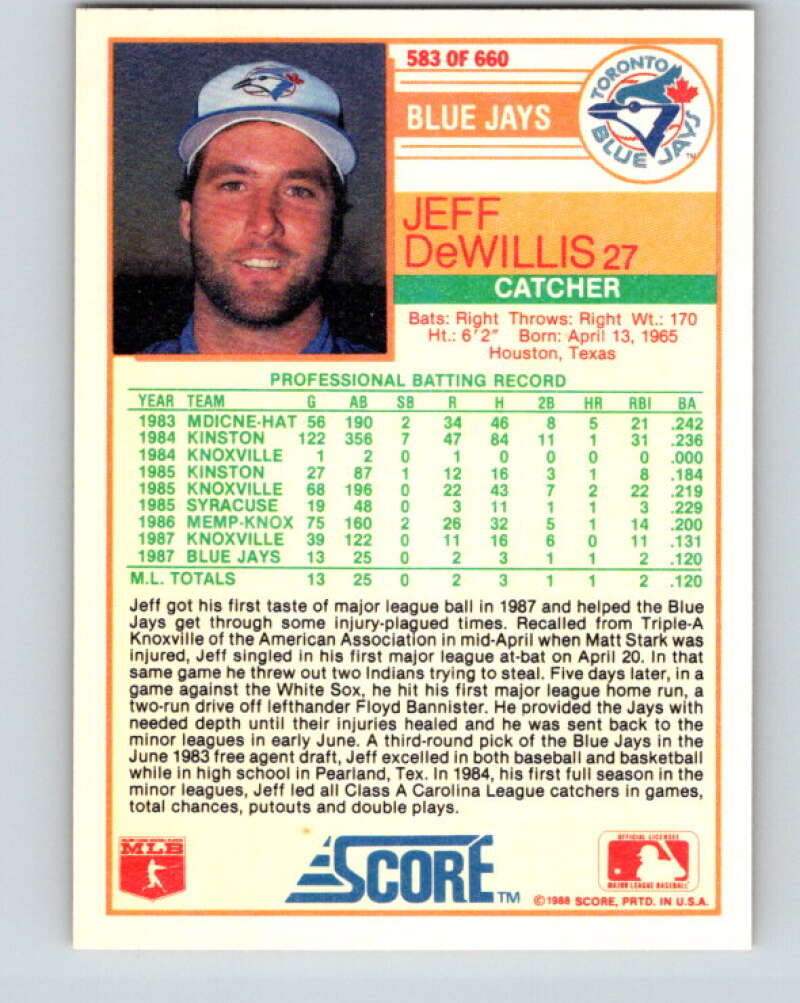 1988 Score #583 Jeff DeWillis Mint RC Rookie Toronto Blue Jays