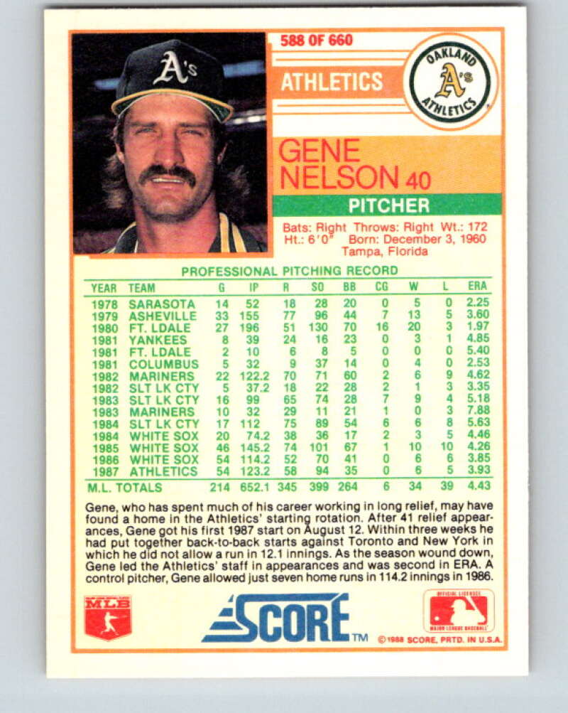 1988 Score #588 Gene Nelson Mint Oakland Athletics Image 2