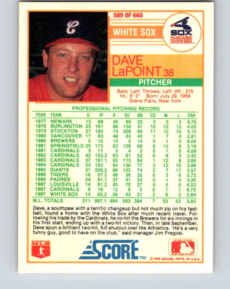 1988 Score #589 Dave LaPoint Mint Chicago White Sox Image 2