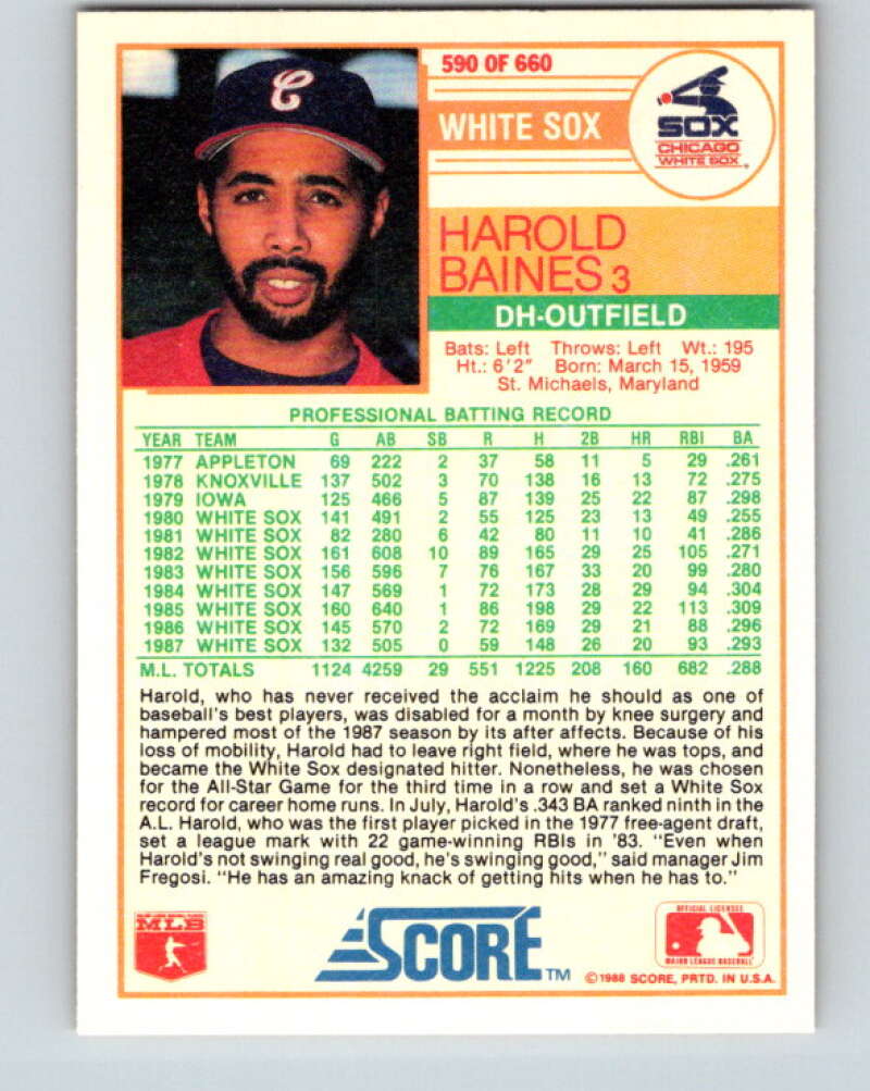 1988 Score #590 Harold Baines Mint Chicago White Sox Image 2