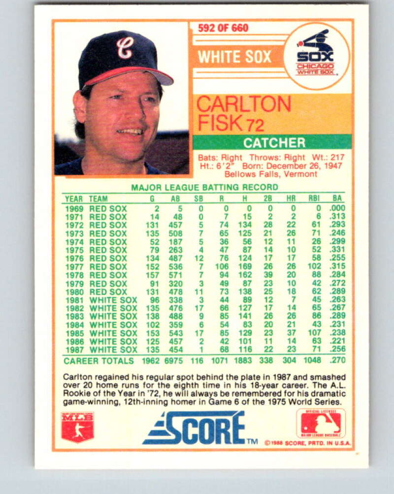 1988 Score #592 Carlton Fisk Mint Chicago White Sox Image 2