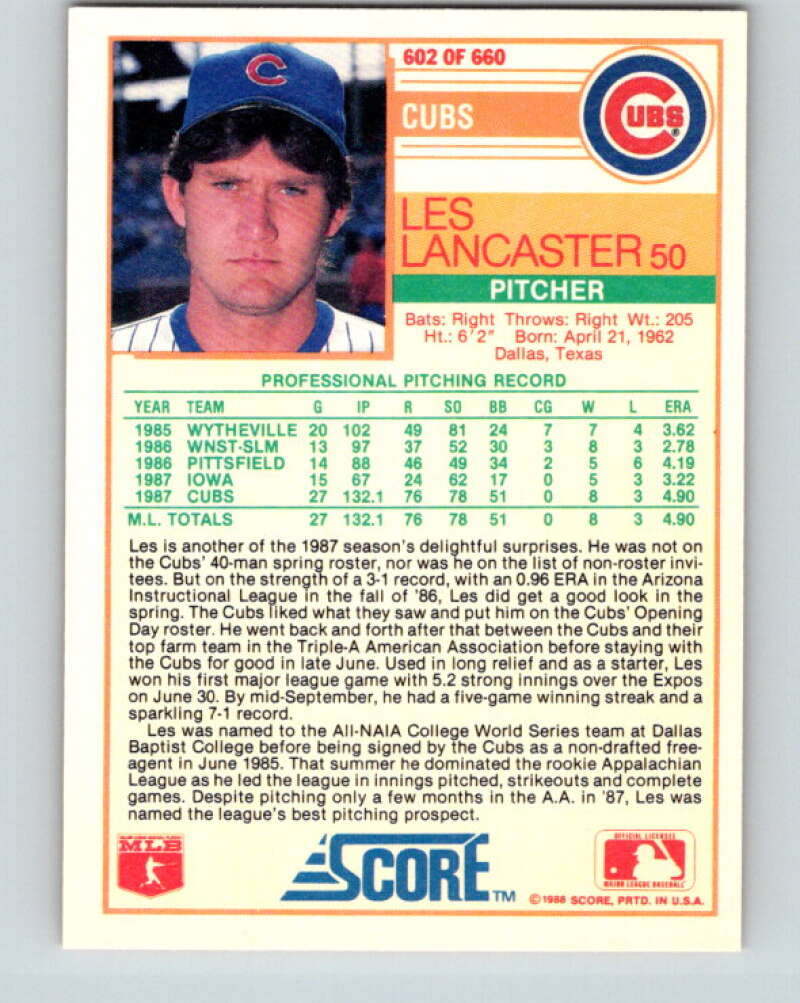 1988 Score #602 Les Lancaster Mint RC Rookie Chicago Cubs Image 2