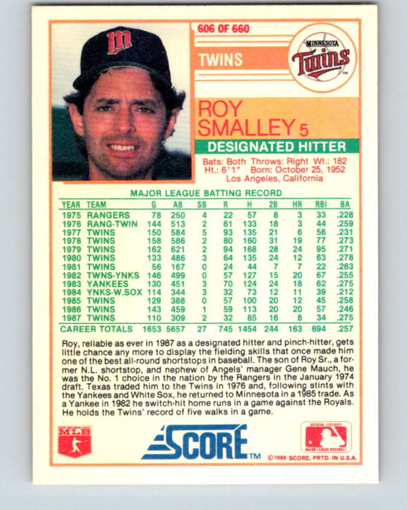 1988 Score #606 Roy Smalley Mint Minnesota Twins Image 2