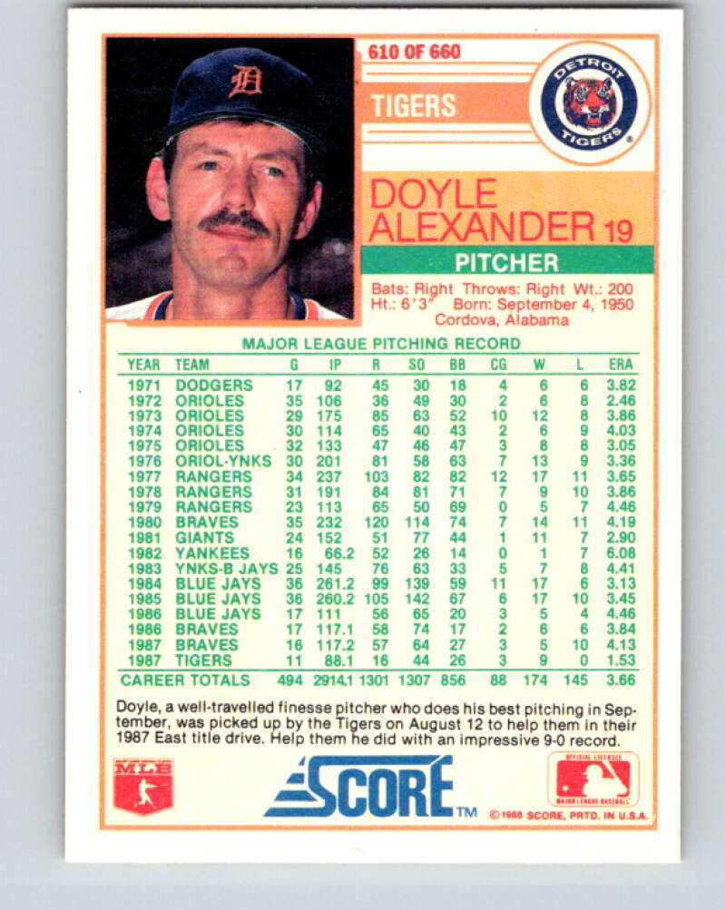 1988 Score #610 Doyle Alexander Mint Detroit Tigers Image 2
