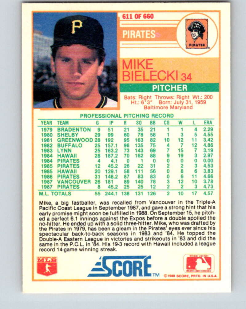 1988 Score #611 Mike Bielecki Mint Pittsburgh Pirates Image 2