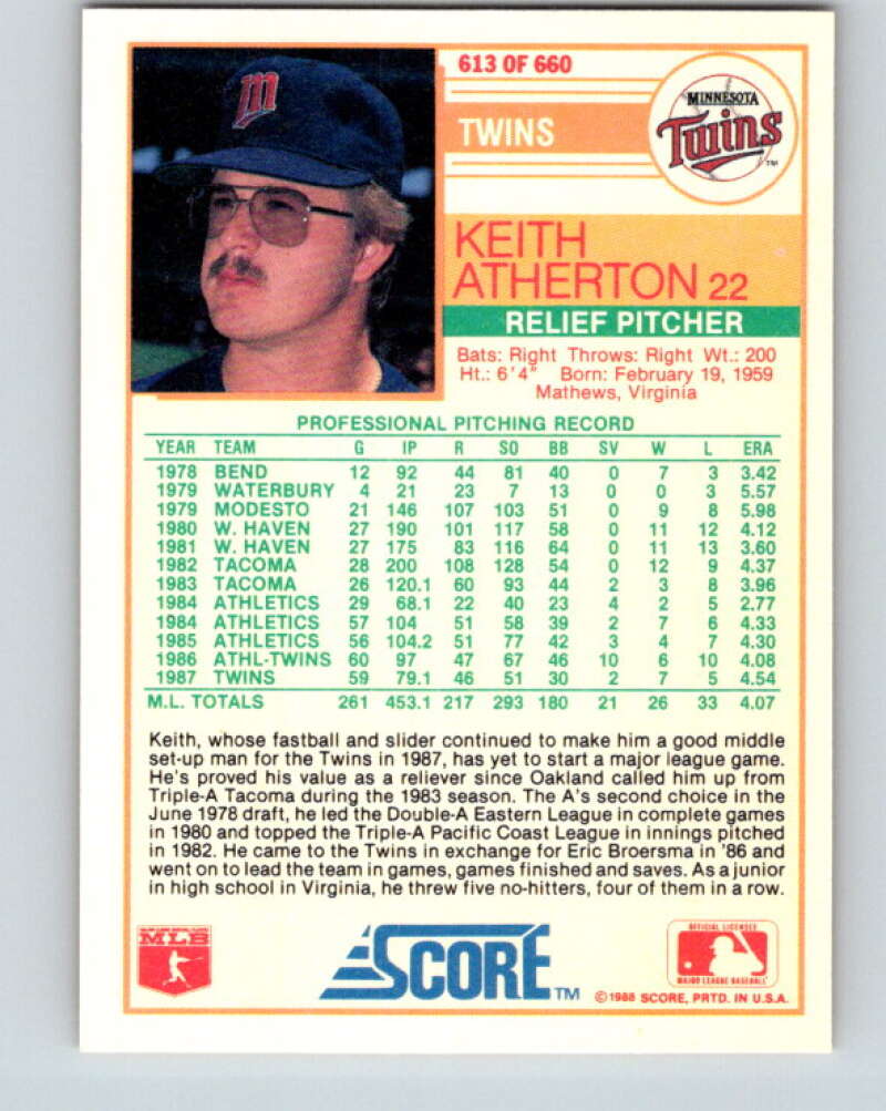 1988 Score #613 Keith Atherton Mint Minnesota Twins Image 2