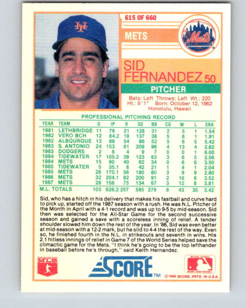 1988 Score #615 Sid Fernandez Mint New York Mets Image 2