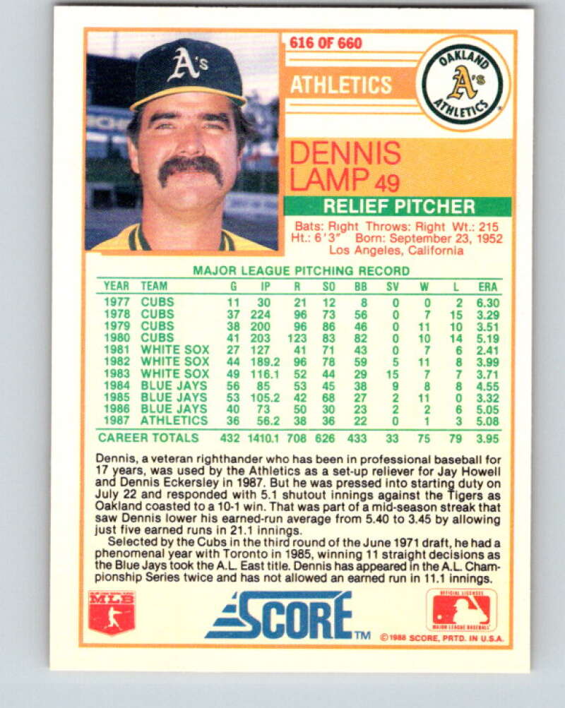 1988 Score #616 Dennis Lamp Mint Oakland Athletics Image 2