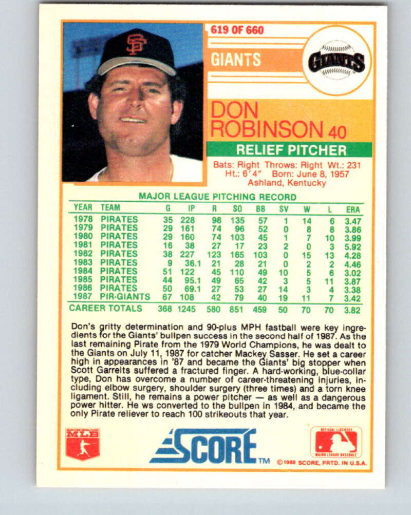 1988 Score #619 Don Robinson Mint San Francisco Giants Image 2