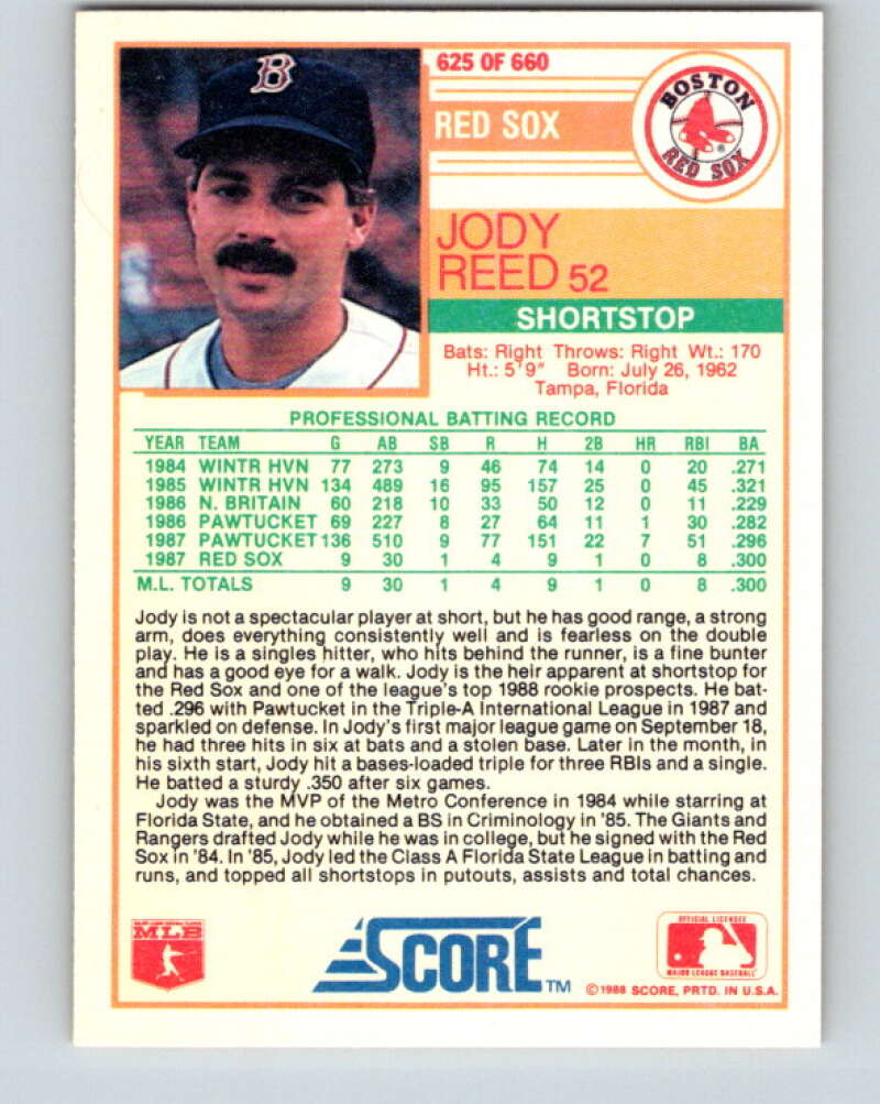 1988 Score #625 Jody Reed RP Mint RC Rookie Boston Red Sox Image 2