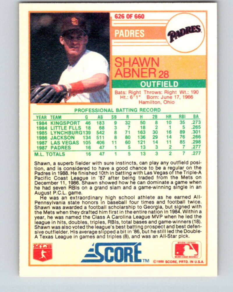 1988 Score #626 Shawn Abner RP Mint San Diego Padres Image 2