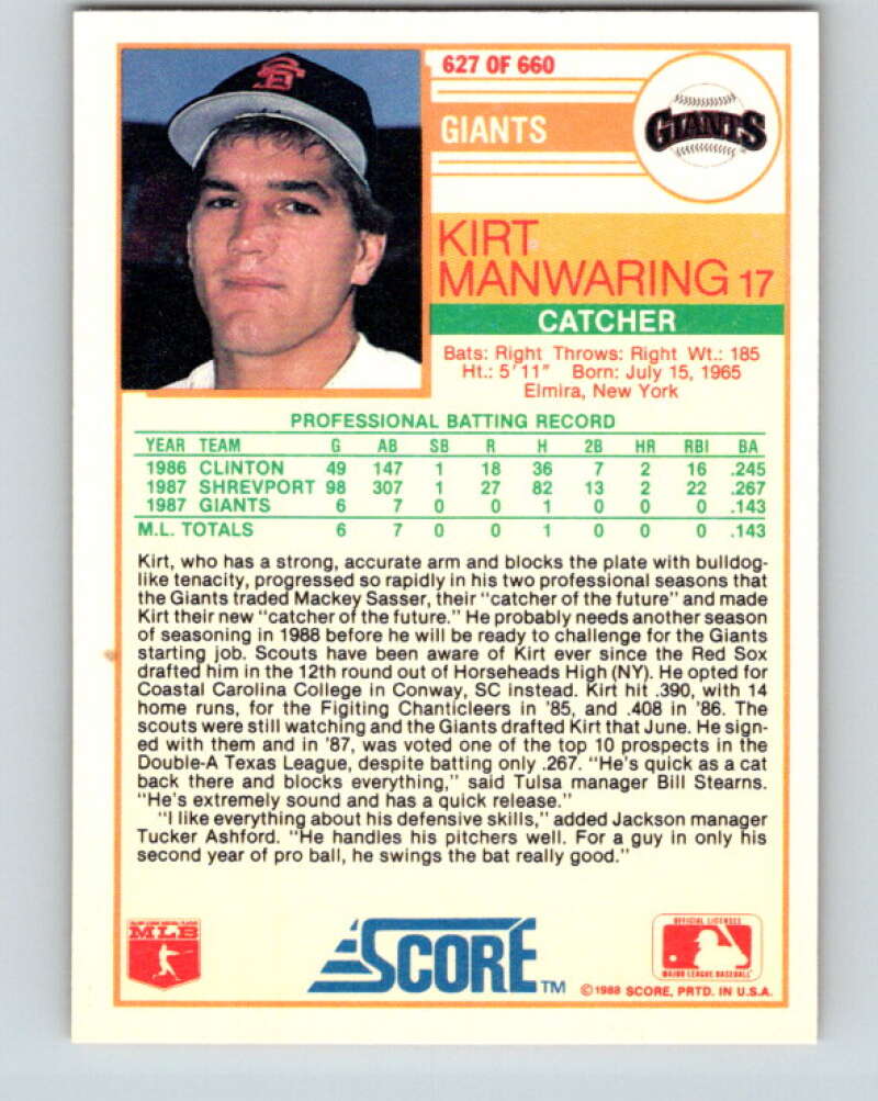 1988 Score #627 Kirt Manwaring RP Mint RC Rookie San Francisco Giants Image 2