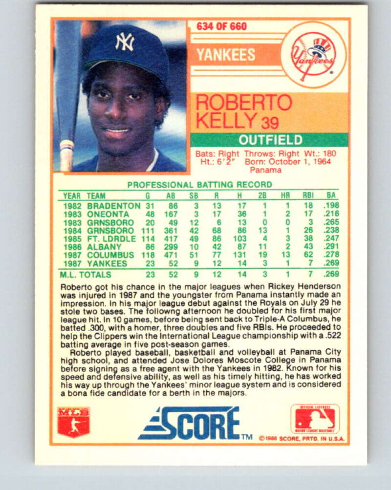 1988 Score #634 Roberto Kelly RP Mint RC Rookie New York Yankees Image 2
