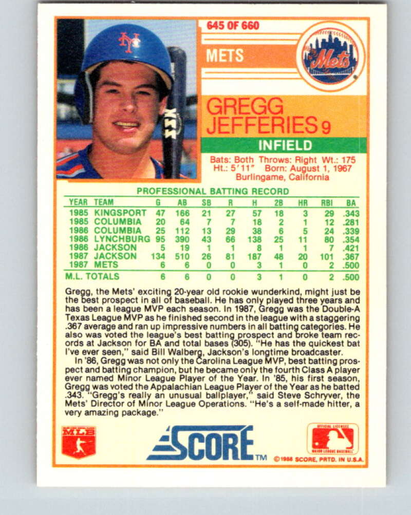1988 Score #645 Gregg Jefferies RP Mint RC Rookie New York Mets Image 2