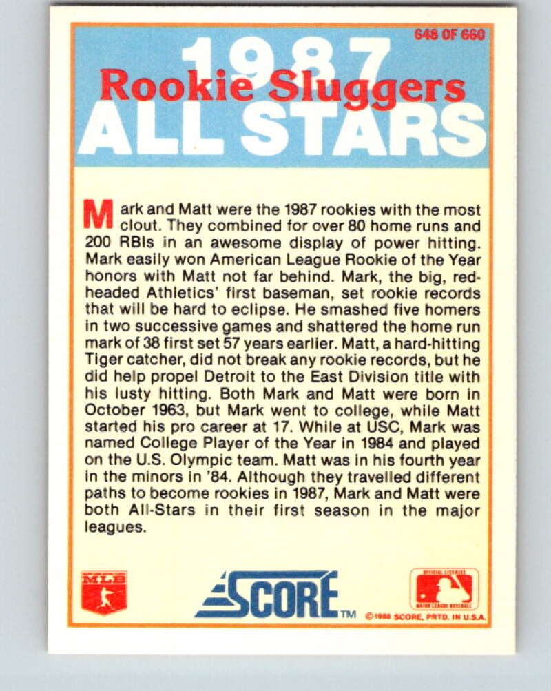 1988 Score #648 Mark McGwire/Matt Nokes Rookie Sluggers Mint
