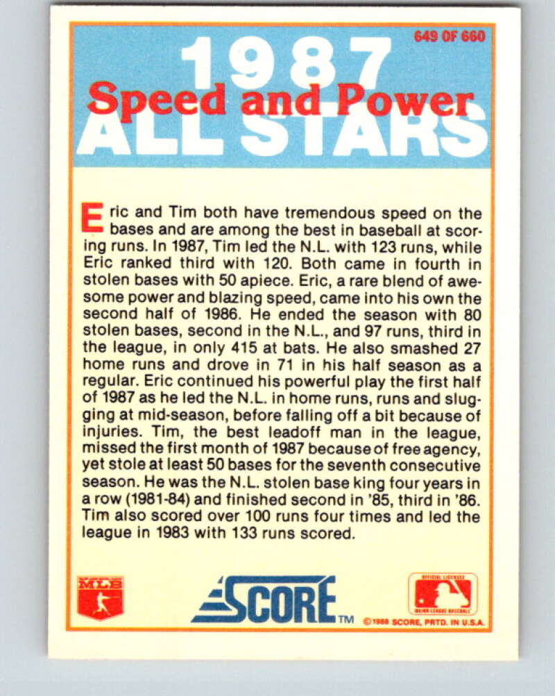 1988 Score #649 Eric Davis/Tim Raines Speed and Power Mint Image 2