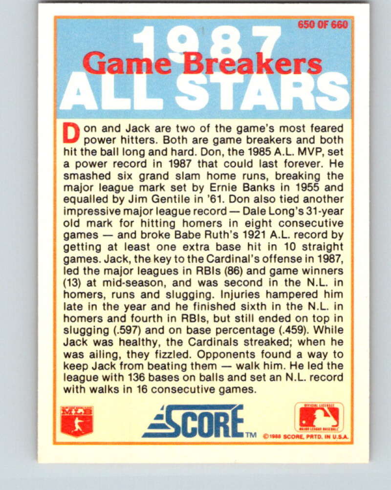 1988 Score #650 Don Mattingly/Jack Clark Game Breakers Mint Image 2