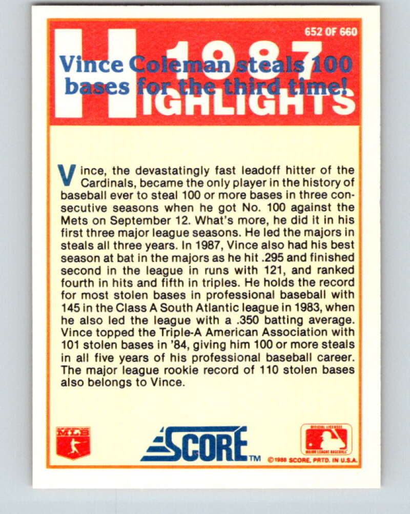 1988 Score #652 Vince Coleman HL Mint St. Louis Cardinals Image 2
