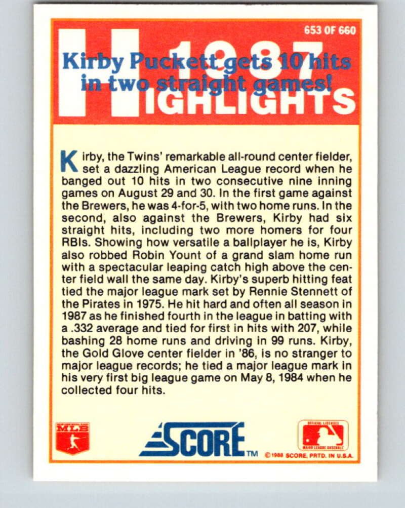 1988 Score #653 Kirby Puckett HL Mint Minnesota Twins Image 2