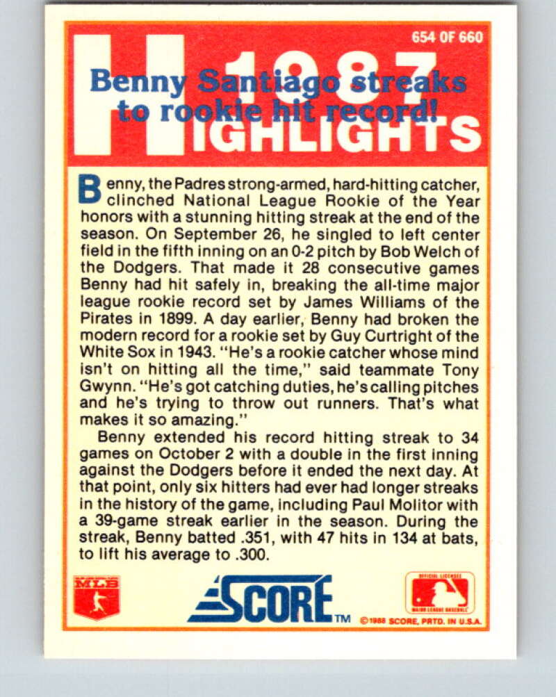 1988 Score #654 Benito Santiago HL Mint San Diego Padres Image 2