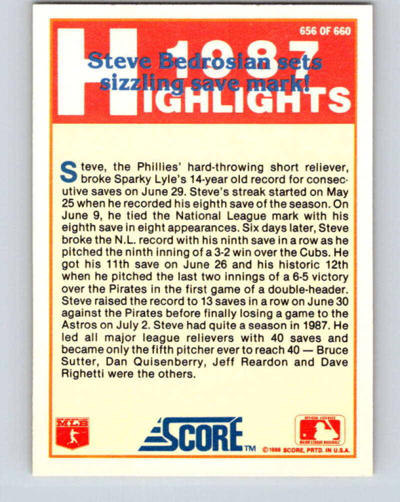 1988 Score #656 Steve Bedrosian HL Mint Philadelphia Phillies Image 2