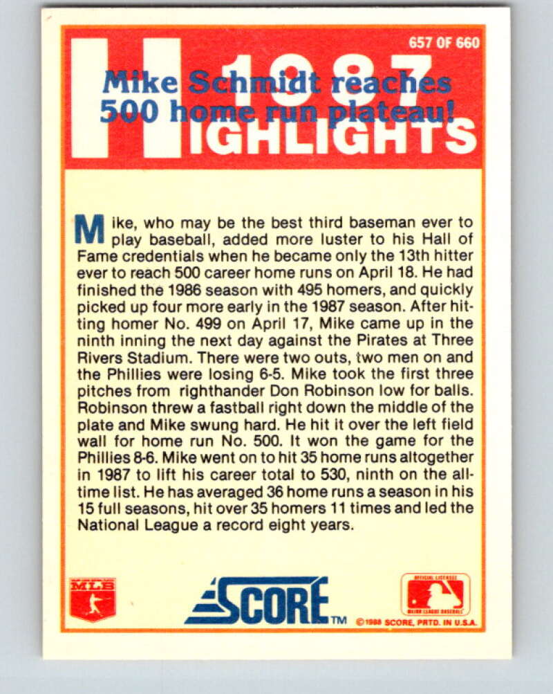 1988 Score #657 Mike Schmidt HL Mint Philadelphia Phillies Image 2