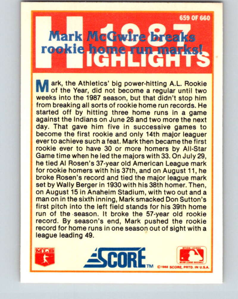 1988 Score #659 Mark McGwire HL Mint Oakland Athletics Image 2
