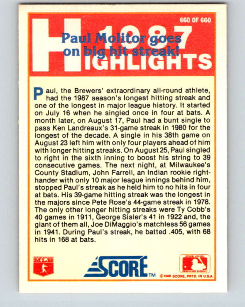 1988 Score #660 Paul Molitor HL Mint Milwaukee Brewers Image 2